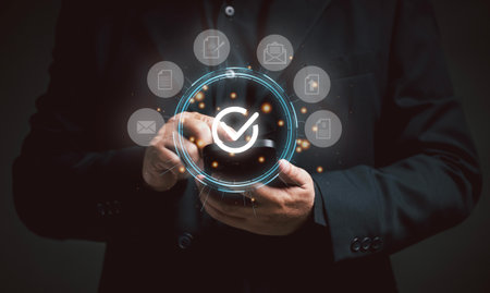 man uses smartphone to sign electronic documents. online Concept of approval and quality of online transactions. Signature online document paperless via internet. Approve quality assurance guarantee.の写真素材