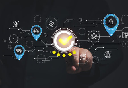 Businessman pointing at map of world marketing satisfaction icons on virtual screen. Global customer satisfaction service. The questionnaire performance of choice. Quality rating feedback.の写真素材