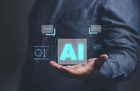 concept technology artificial intelligence ai connection chatbot. man use smartphone to input data Interact on the virtual screen. The conversation message between AI and user. Assistant service.の写真素材