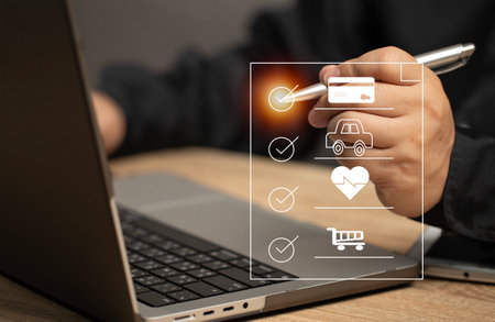 Businessman uses marker and selects items at virtual screen. Document online management by mobile internet or laptop. Sign contract and information for agreement corporate business and individual.の写真素材