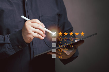 Men rated their satisfaction with the service highest score of 5 stars. poll Answering questionnaires. Business and marketing quality rating performance customer choice.の写真素材