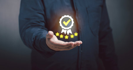 Men rated their satisfaction with the service highest score of 5 stars. poll Answering questionnaires. Business and marketing quality rating performance customer choice.の写真素材