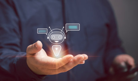 power of AI enhance your business communication. businessman using Smartphone to connect with AI chatbot, providing intelligent answers to complex questions. Robot artificial intelligence assistant.の写真素材