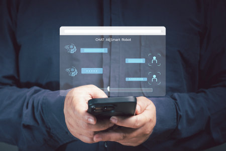 A man show the AI chat to order tasks with AI to perform a variety of tasks in his hand. ai conversation for innovation artificial intelligence. futuristic, connection, network, internet, information.の写真素材