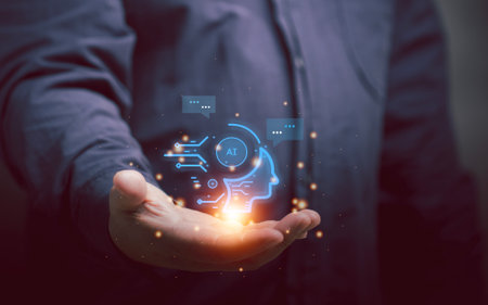 A man show the AI to order tasks with AI to perform a variety of tasks in his hand. ai innovation artificial intelligence. futuristic, connection, network, internet, information online.の写真素材