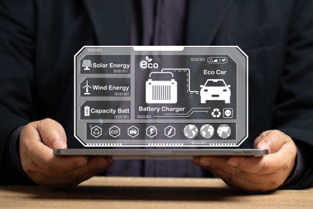 Business man use tablet to control car by application. Eco car easy to control and check the status of the car. Electricity car transportation vehicle. future alternative renewable power automotive.の写真素材
