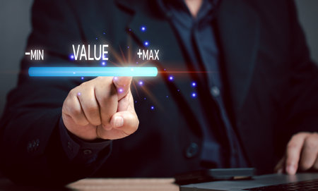 Man points at value bar on virtual screen. Value concept. Measuring the success value of a project, task, accomplishment of what is done. Owner satisfaction rating of service. Finance  investment.の写真素材