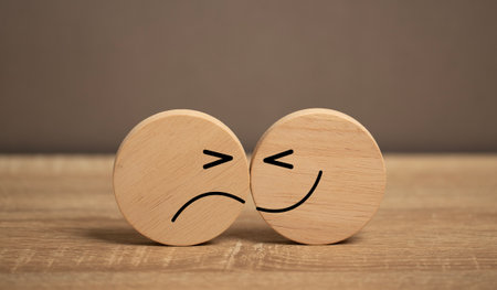 Smile icon showing satisfaction in service on the table. Survey, questionnaire, business service rating. Itâs show the feedback and rating for business and marketing. The success performance.の写真素材