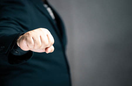 Customer satisfaction concept. Customer services best excellent business rating experience. survey opinion review. Man show his hand for feedback.の写真素材