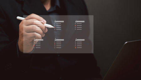 Businessmen rate their satisfaction with various business services by pen via a virtual mobile screen. Customer survey feedback review quality success performance evaluation choice online. Positive.の写真素材