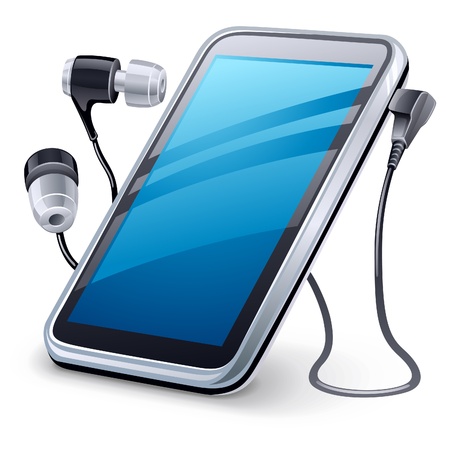 Vector illustration of personal media player with headphones on white backgroundのイラスト素材