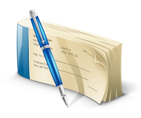 Vector illustration of checkbook with pen on white background.のイラスト素材