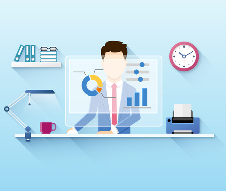 Flat illustration of office worker using computerのイラスト素材