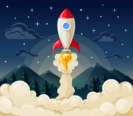 Flat vector illustration concept of space rocket ship startup on dark background of mountains and starry sky.のイラスト素材