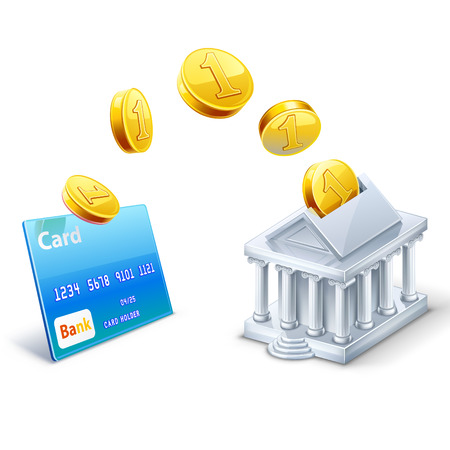 Vector illustration of money coins transfer between card and bank isolated on white backgroundのイラスト素材