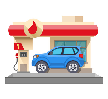 Flat vector illustration gas station and car isolated on white backgroundのイラスト素材