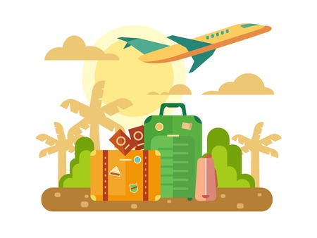 Summer vacation, travel theme with luggage and plane flying out on sunset background concept flat vector illustration.のイラスト素材