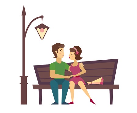Kissing Couple on a Bench flat vector illustrationのイラスト素材