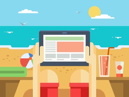 Digital tablet on beach. Summer and sea, vacation and travel, technology and tropical holiday, device and screen, flat vector illustrationのイラスト素材