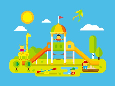 Childrens playground. Play kid on yard, happy child, giraffe and playtime outdoor, flat vector illustrationのイラスト素材