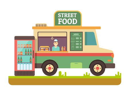 Store fast food van. Lunch sandwich, menu and snack, hot dinner, market and beverage in fridge, street shop, flat vector illustrationのイラスト素材