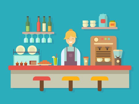 Bar counter. Cocktail alcohol, coffee machine and cake, dessert food, flat vector illustrationのイラスト素材