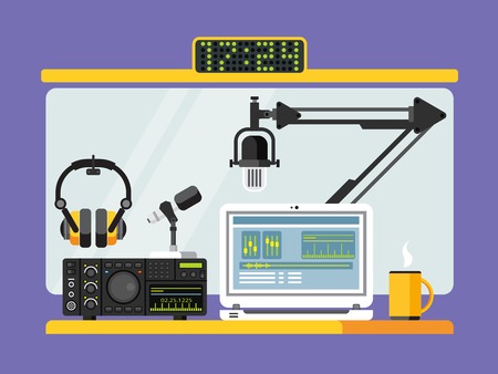 Professional radio station studio with microphone and other equipment on table flat vector illustrationのイラスト素材