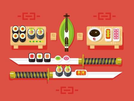Japanese cuisine. Food traditional, sushi roll and seafood, ingredient nutrition, vector illustrationのイラスト素材