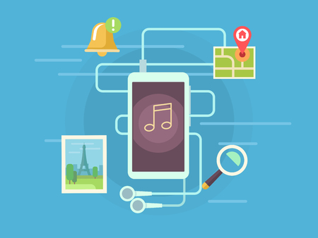 Mobile app. Navigation and photo, alarm and gallery, content and technology, web media on smartphone, flat vector illustrationのイラスト素材