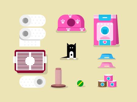 Kitten and accessories. Animal character, toy ball, napkins and canned. flat vector illustrationのイラスト素材