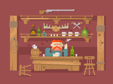 Interior of the bar. Stern man and alcohol beer, tavern or pub, flat vector illustrationのイラスト素材