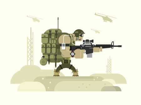Character military peacekeeper. Army soldier and war, weapon and uniform, flat vector illustrationのイラスト素材