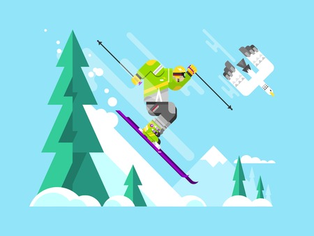 Cartoon character skier. Sport winter, snow and speed extreme, flat vector illustrationのイラスト素材