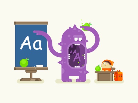 Cartoon monster teaches alphabet. School education, letter a, pupil and lesson, flat vector illustrationのイラスト素材