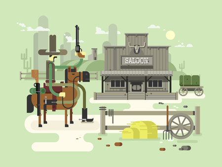 Wild west saloon. Cowboy and western, old building town, sheriff flat illustrationのイラスト素材