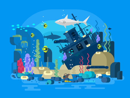 Sunken ship under water. Sea reef and fish, underwater nature, flat illustrationのイラスト素材