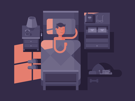Man sleep in bed. Dream night, bedroom interior, vector illustrationのイラスト素材