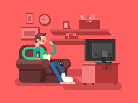 Man watching TV. Television and leisure, sofa indoor, movie and film, vector illustrationのイラスト素材
