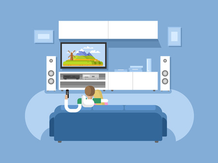 Interior home cinema. House furniture, movie and tv, screen and audio stereo, vector illustrationのイラスト素材
