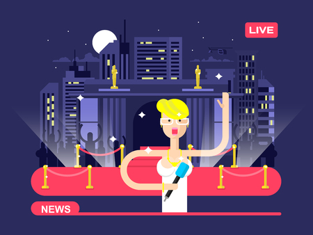 Live news reporter. Microphone and broadcasting, television communication, correspondent vector illustrationのイラスト素材