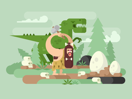 Primitive man with dinosaur. Caveman cartoon, prehistoric animal, neanderthal vector illustrationのイラスト素材