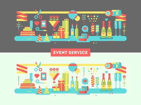 Event service design flat. Birthday happy, surprise and invitation party, package and show, vector illustrationのイラスト素材