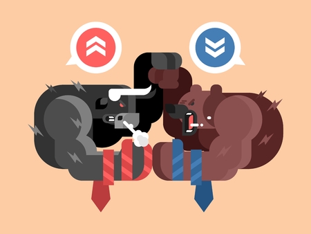 Bulls and bears fight. Market business, finance fight, investment and profit, growth financial trend, illustrationのイラスト素材