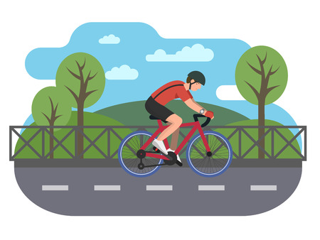 Cyclist on bike path. Bicycle and biking road, travel cycle, recreation sport, transport illustrationのイラスト素材