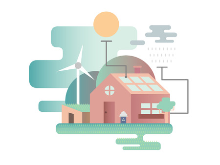Eco house design flat. Eco energy, ecology home, nature environment, estate building architecture, illustrationのイラスト素材