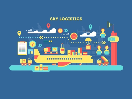 Sky logistics design flat. Delivery business, cargo aircraft, transportation vehicle, illustrationのイラスト素材