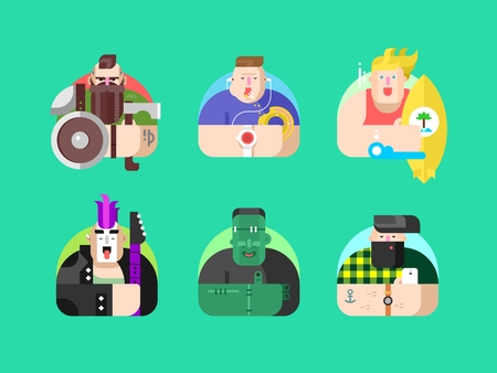 Set avatar design flat. Face people, character head person, portrait cartoon human, illustrationのイラスト素材