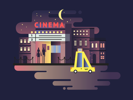 Cinema building night. Entertainment and facade, movie theatre city, exterior architecture, illustrationのイラスト素材