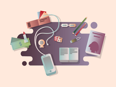 Set things on the table. Top view, pen and device, item phone, business paper, vector illustrationのイラスト素材