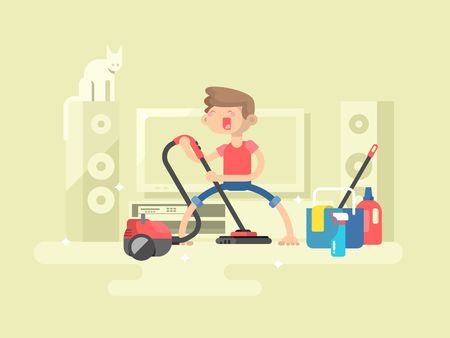 Boy cleaning house. Housework room, young cleaner, domestic cleaning, vector illustrationのイラスト素材